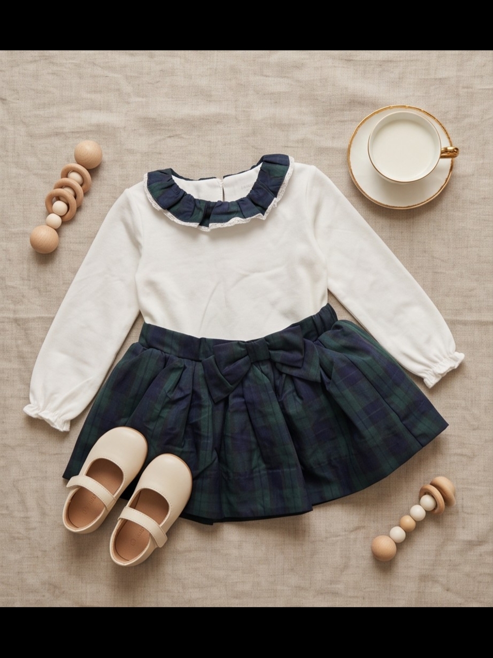 Edgehill Collection Cream Top with Navy & Green Tartan Skirt Girls' Dress